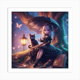 Gothic Girl With Cat 3 Art Print