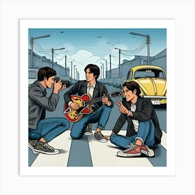 A Photograph With Three Pals Playing Harmony On The Road Similar To Pop Art Style 1 Art Print