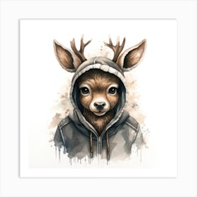 Watercolour Cartoon Deer In A Hoodie 3 Art Print