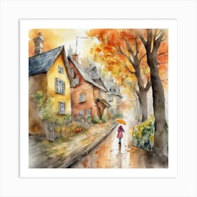 Watercolor Of A Girl Walking Down The Street Art Print