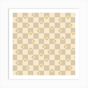DAPPLED Retro Minimalist Mid-Century Modern Geometric Checkerboard with Polka Dots in Yellow Gray Cream Art Print