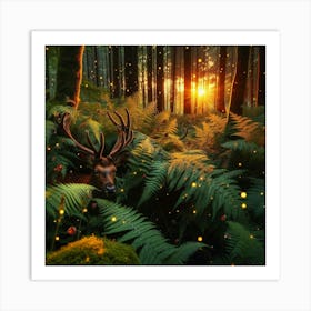 Deer In The Forest At Sunset Art Print