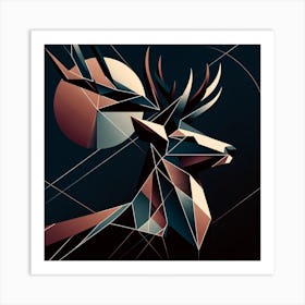 "Geometric Majesty: The Stag" - This artwork is a modern geometric interpretation of nature's nobility, showcasing a stag in a complex interplay of shapes and shadows. Its sharp lines and rich, contrasting colors of copper, blue, and cream create a dynamic visual experience. This piece conveys strength and elegance, making it an ideal choice for sophisticated interiors. The abstract design appeals to those with a taste for minimalism and the abstract, and it serves as a striking conversational piece. It's a celebration of wildlife through the lens of contemporary art, perfect for adding a touch of modernity and grace to any room. Art Print