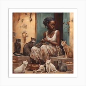 Wall painting of an African girl with cats 2 Art Print