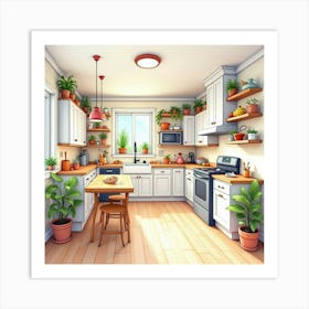 Cozy Kitchen Watercolor Scene, Bright And Welcoming Hues 1 Art Print