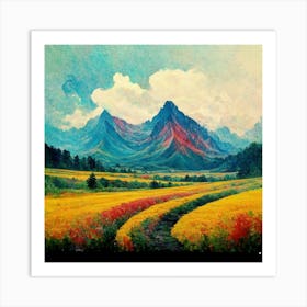 Landscape View Of Colorful Meadows And Mountains Art Print