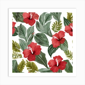 Botanical Wall Art Flowers Red Hibiscus Leaves #4 Art Print