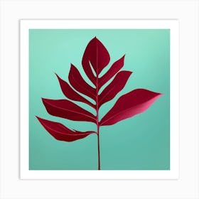 Burgundy Tropical Leaf against a see blue background, 1273 Art Print