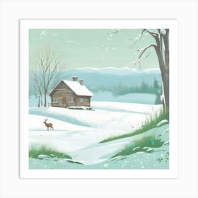 Winter Scene With Cabin And Deer Art Print