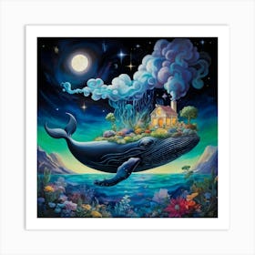 Surrealist Landscape Colossal Whale Floating Amid A Night Sky Studded With Stars And Constellations Art Print