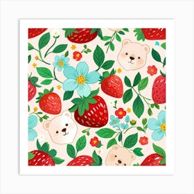 Strawberry Bears Seamless Pattern Art Print