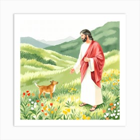 Jesus And Dog In The Field Art Print