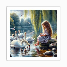 Little Girl With Swans 1 Art Print