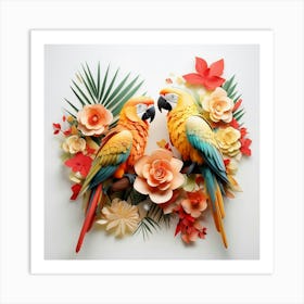 Colorful 3d Art Of Parrots Among Tropical Foliage Art Print