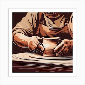 Potter Working On The Lathe, Brown Art Print