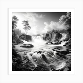 Waterfall In Black And White 1 Art Print