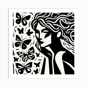 Matisse Style Portrait with Butterflies Art Print