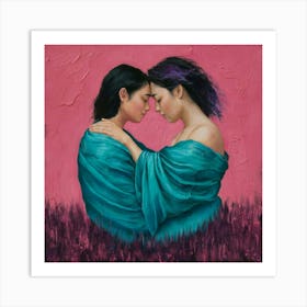 Artistic print of two women in an affectionate embrace Art Print