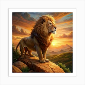 Lion Standing On A Cliff At Sunset Art Print