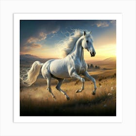 White Horse Running In The Field Art Print