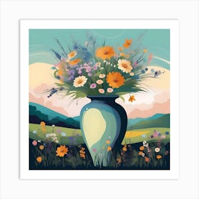 Flower Vase Decorated with Prairie Landscape, Blue, Orange and Green Art Print