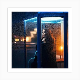 Firefly Street Photography, Beautiful Woman, Bus Shelter, Pensive, Evening, Wet, Rain, Glass, Neon L (8) Art Print