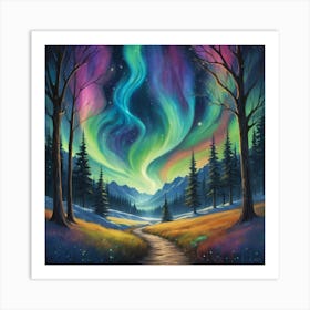 Aurora Borealis Starry Pathway Vibrant Landscape Art W 2 Art Print