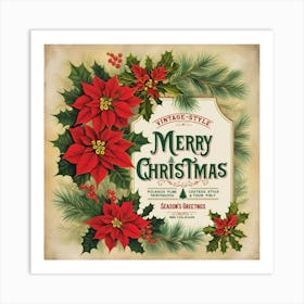 Merry Christmas Poinsettia Vintage 1 Art Print