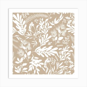 Christmas Botanical Leaves - Beige White Art Print