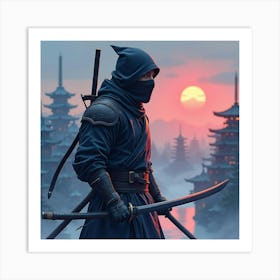 Ninja Fighter With A Watercolor Glowing Skyline 1 Art Print