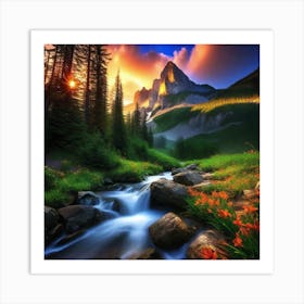 Mountain Stream At Sunset Art Print