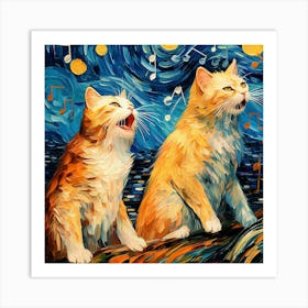 Two Cats Singing Starry Night Art Print