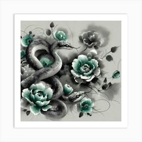 Snake surrounded by flowers Art Print