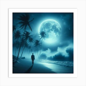 Man Walking On The Beach At Night Art Print