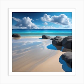 Turquoise Blue Sea, Sandy Beach and Black Rocks Art Print