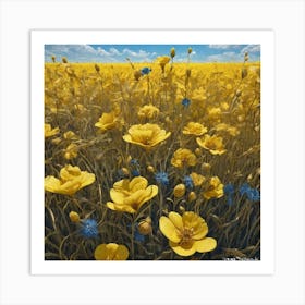 Yellow Flowers In Field With Blue Sky Trending On Artstation Sharp Focus Studio Photo Intricate Art Print