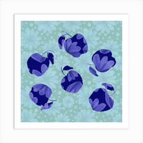 Navy Blue Floral Apples On Mint Pattern  Art Print