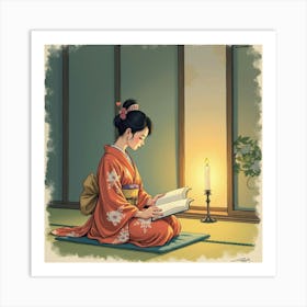 Japanese Woman Sitting On A Tatami Mat, Reading By Candlelight, Surrounded By Calmness, Watercolor Art Print