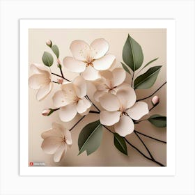 Firefly Soft Cherry Blossoms With Minimal Black Outlines On A Beige Background, With Subtle Leaves I (1) Art Print