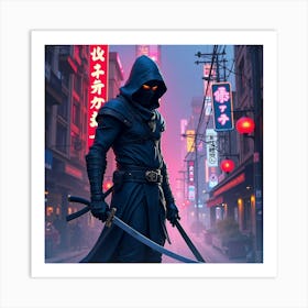 Stealthy Ninja In A Vibrant Watercolor City, Shadows And Neon Lights 1 Art Print