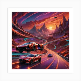 Cars and red sky Art Print