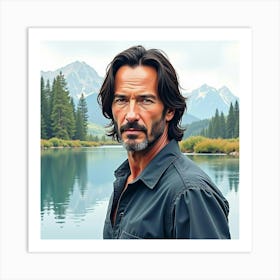 Watercolor Painting Of Keanu Reeves By A Calm River With Distant Mountains Art Print