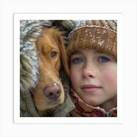 Boy And His Dog In The Snow Art Print