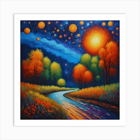 Road To The Stars.Luminous Journey: A Whimsical Landscape Under a Radiant Night Sky Art Print