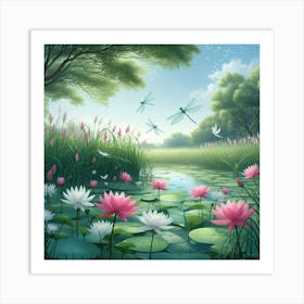 Dragonflies and flowers  Art Print