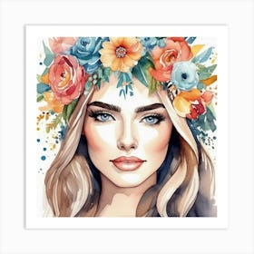 Watercolor Portrait Of A Woman With Flowers 1 Art Print