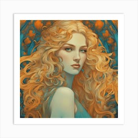 An Illustration Of A Woman In Costume With Long Curly Blonde Hair, In The Style Of Neon Art Nouvea (3) Art Print