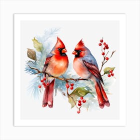 Cardinal Birds On A Branch Art Print