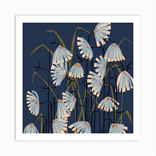 Linocut Flower Meadow Mustard Blue Square Art Print