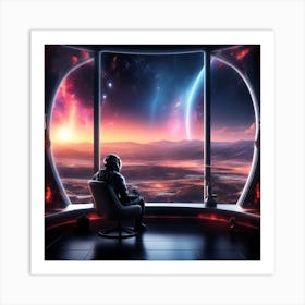 The Image Depicts A Futuristic Space Scene With A Man Sitting On A Couch In Front Of A Large Window That Offers A Breathtaking View Of The Galaxy Art Print